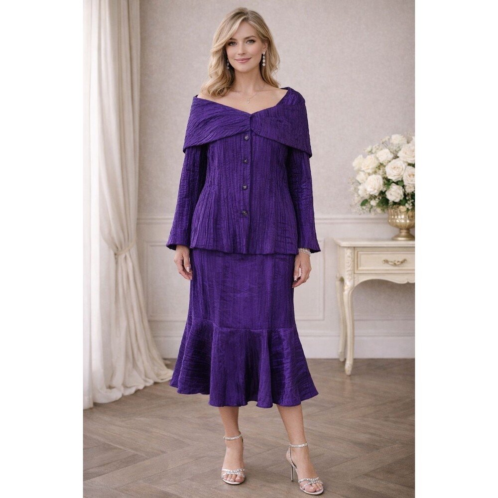 Vintage 3K Fashions Purple Crinkle 2Pc Skirt Set Midi USA Made 2X Formal Church